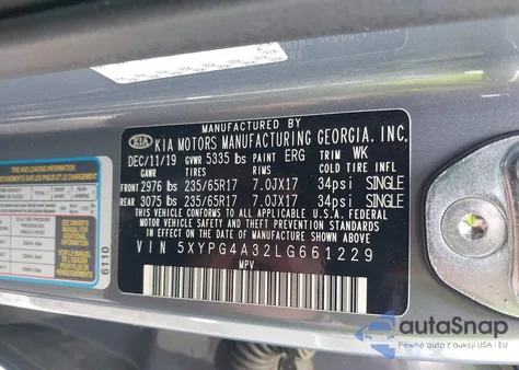 2020 Kia Sorento 2.4L Lx z USA, uszkodzony, nr VIN 5XYPG4A32LG661229